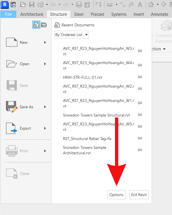Chọn mục Options