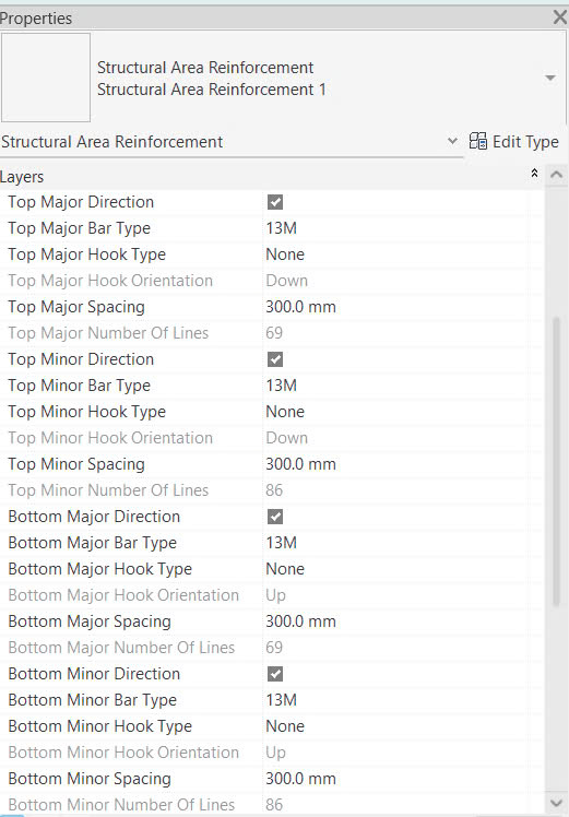 Properties setting thép Rebar cho sàn