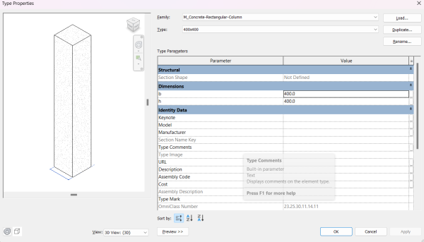 Type Properties của Cột bê tông