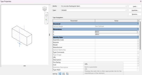 Type Properties của Dầm bê tông