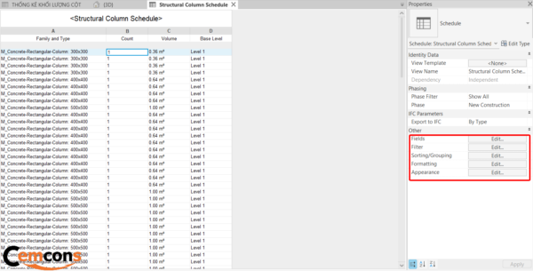 Structural Column Schedule Properties